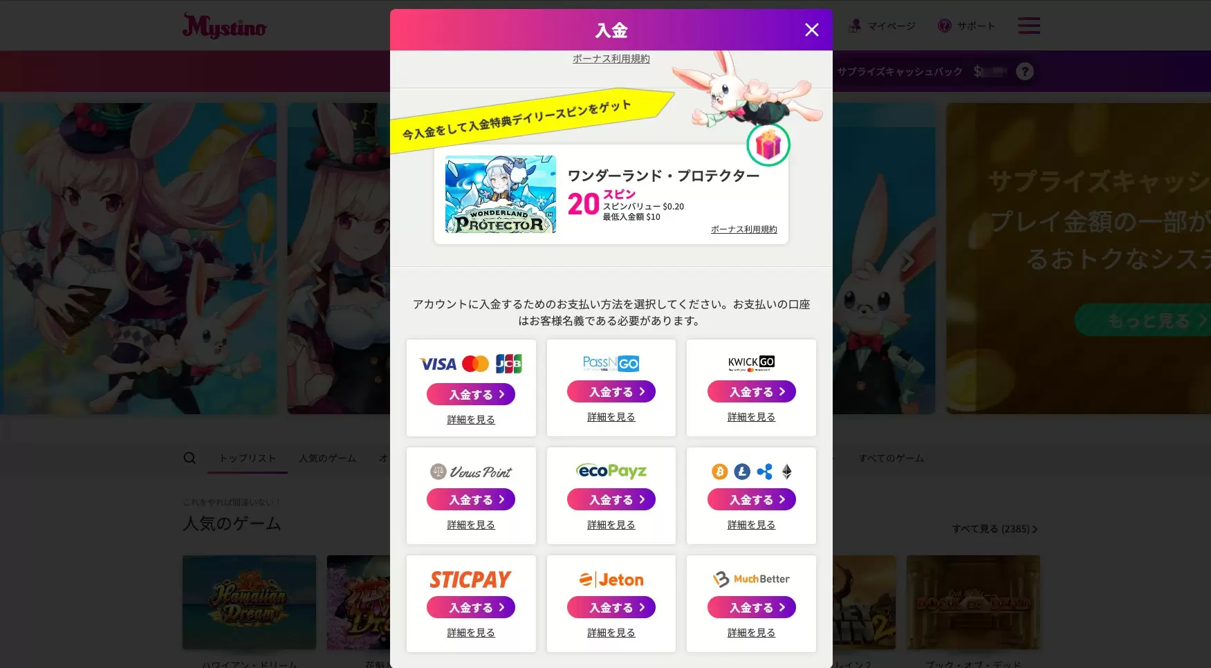 ミスティーノ　入金